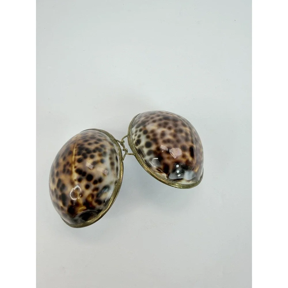 Cowrie Shell Brass Tone Hinged Trinket Pill Box Vintage Nautical